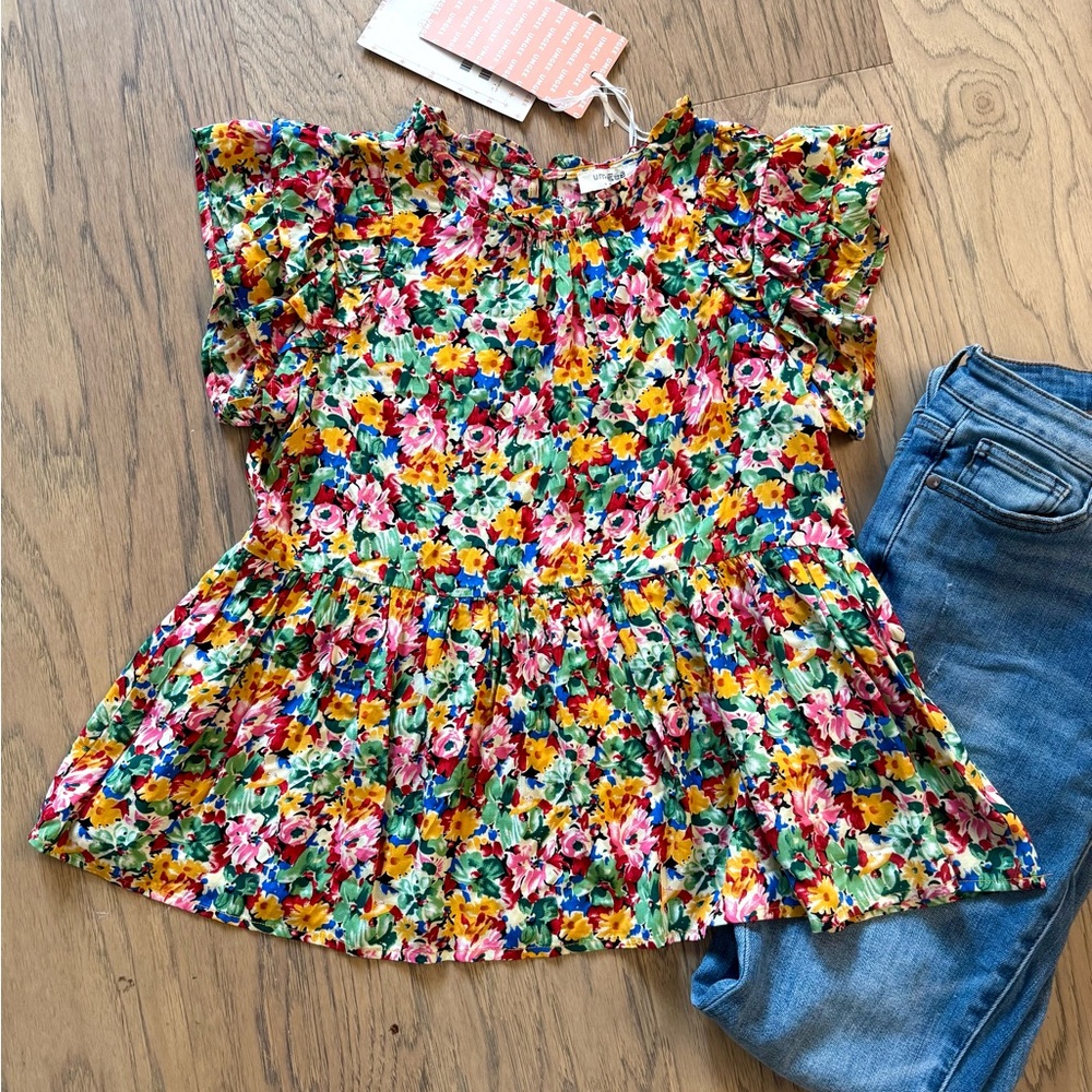 NWT Umgee Floral Ruffle Sleeveless Blouse